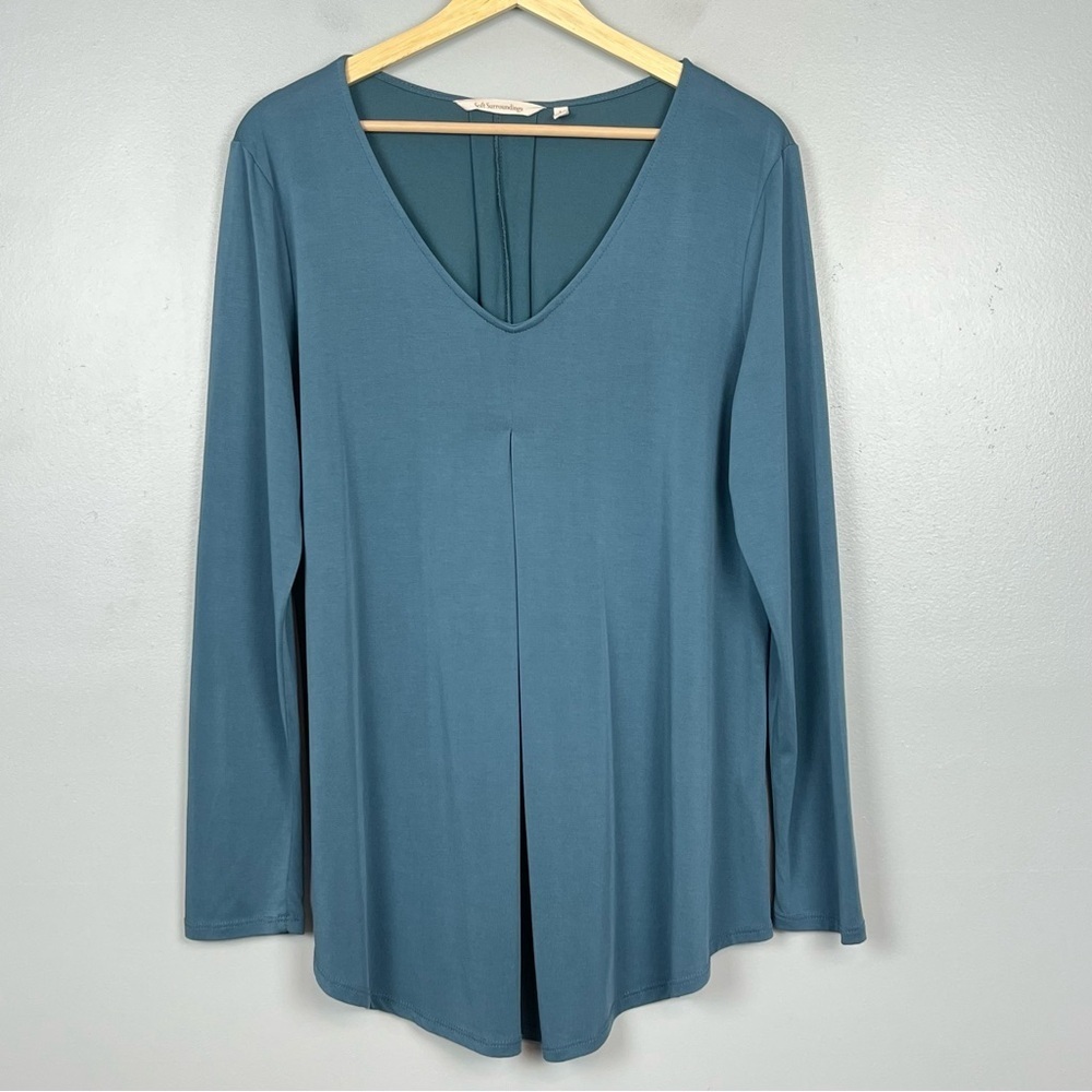 Soft Surroundings teal modal blend v-neck pleated blouse top, large.